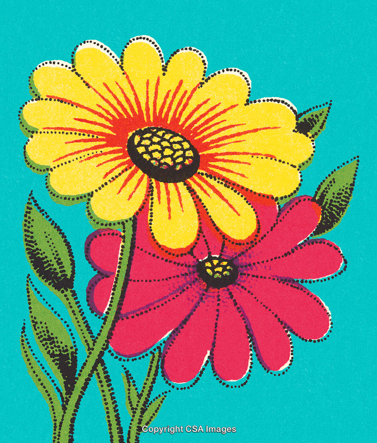 Vibrant Floral Illustration with Bold Colors on a Turquoise Background