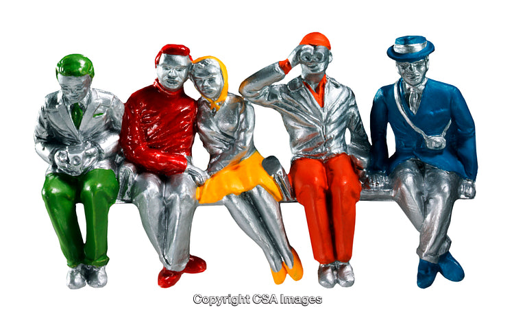 Colorful Figurines Sitting Together on a Bench in Artistic Representation
