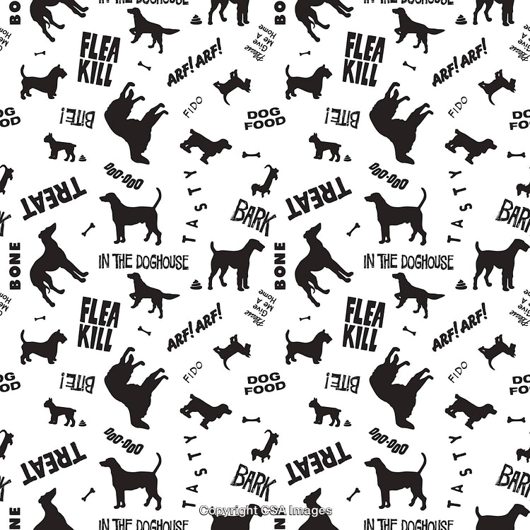 Black and White Dog Pattern Featuring Silhouettes and Playful Typography