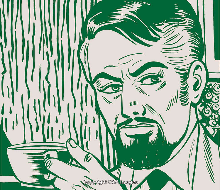 Stylized Illustration of a Thoughtful Man Holding a Coffee Mug