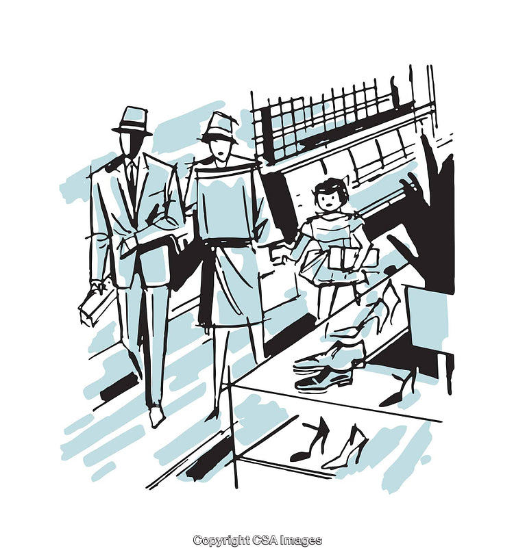 Stylized Illustration of Family Shopping Together on a Busy Street
