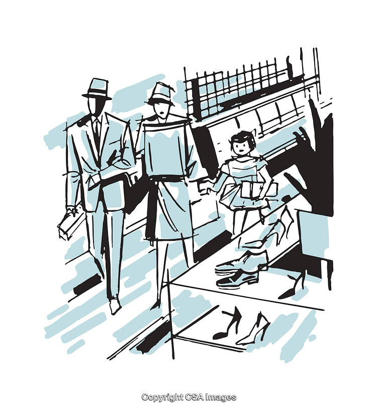 Stylized Illustration of Family Shopping Together on a Busy Street