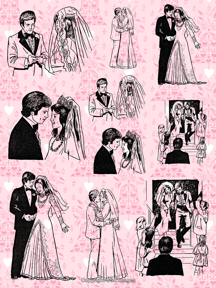 Hand-Drawn Wedding Scenes Featuring Couples on a Romantic Pink Patterned Background