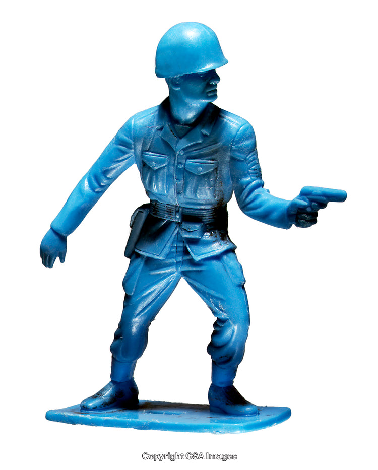Blue Plastic Toy Soldier Holding Pistol Standing in Action Pose