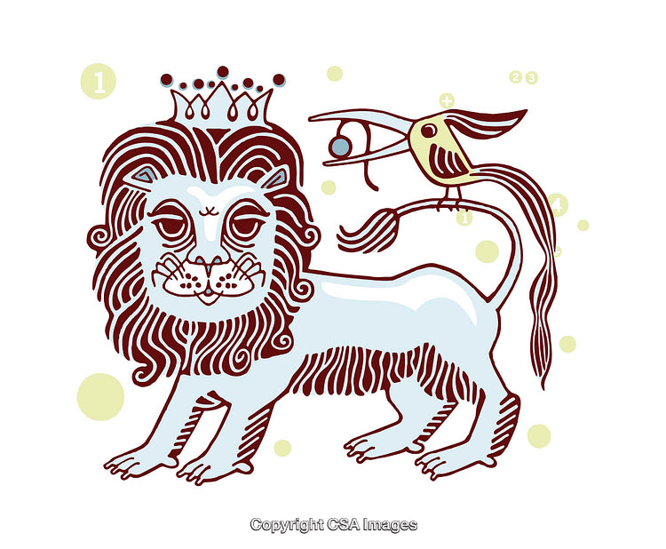 Whimsical Illustration of a Lion and Bird with Crown Accents