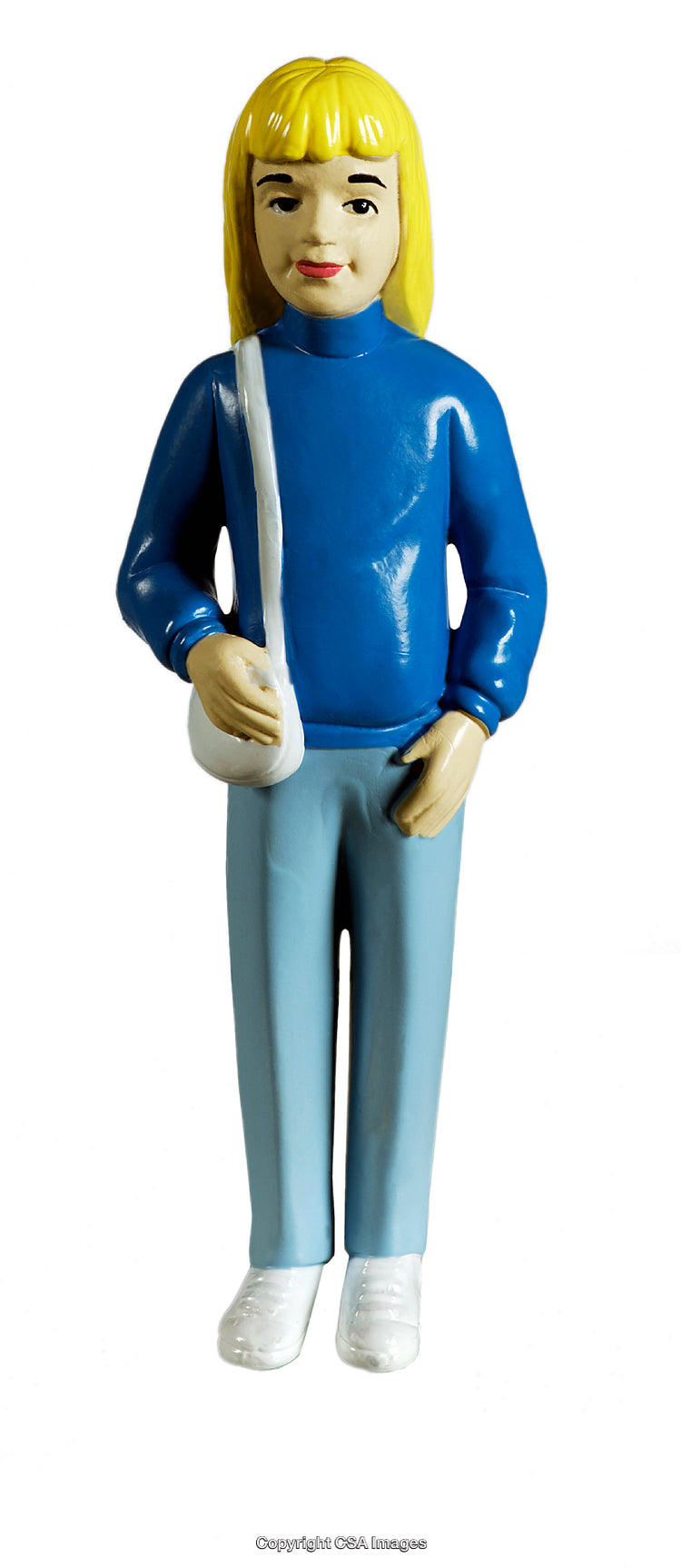Plastic Toy Figure of a Blond Woman in Blue Clothes and White Accessories