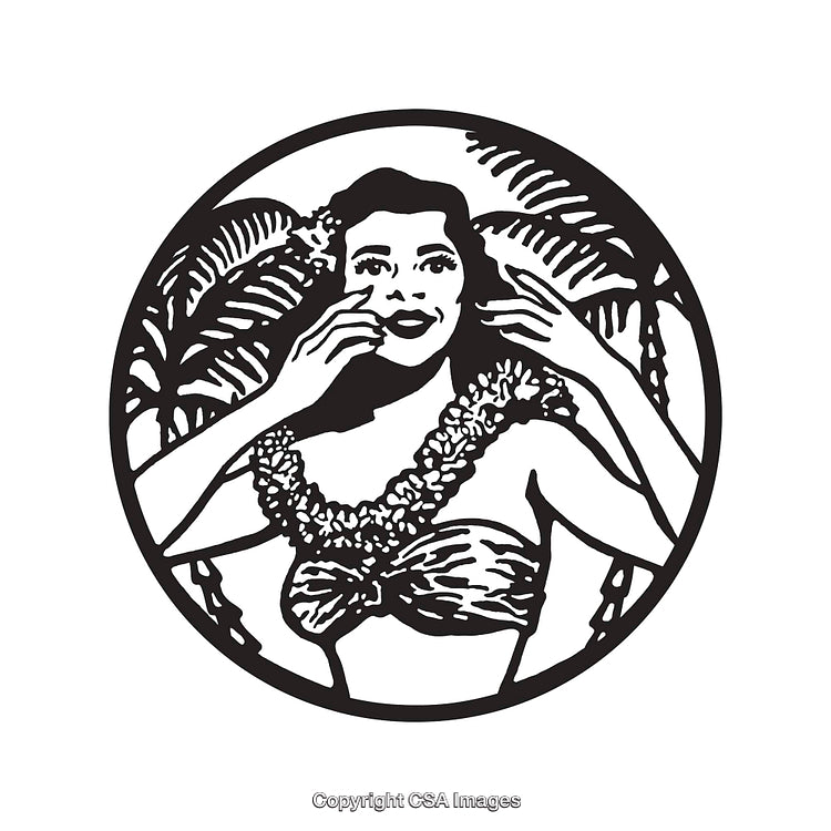Vintage Hawaiian Themed Illustration of a Smiling Woman With Palm Trees