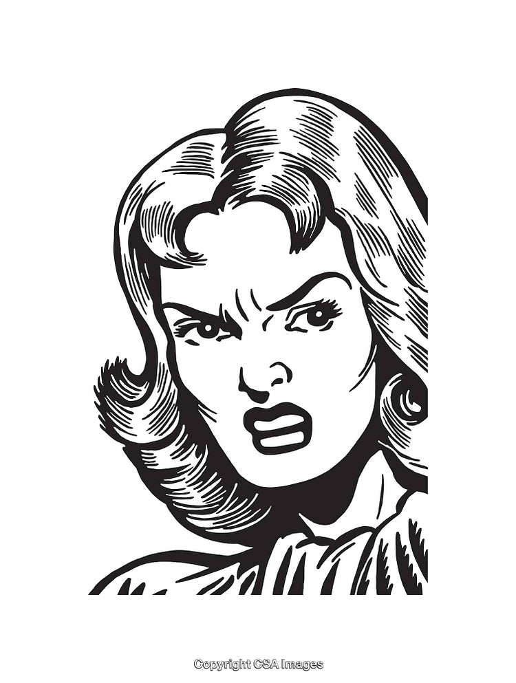 Retro Black and White Line Art of an Angry Woman
