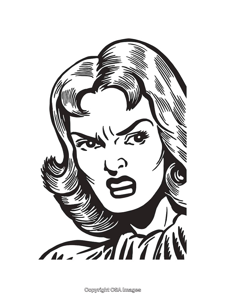Retro Black and White Line Art of an Angry Woman