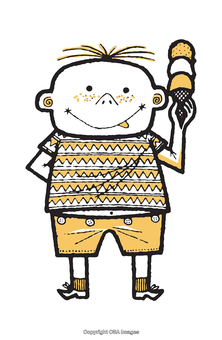 Fun Cartoon Illustration of Child Holding Ice Cream in Yellow Outlined Style