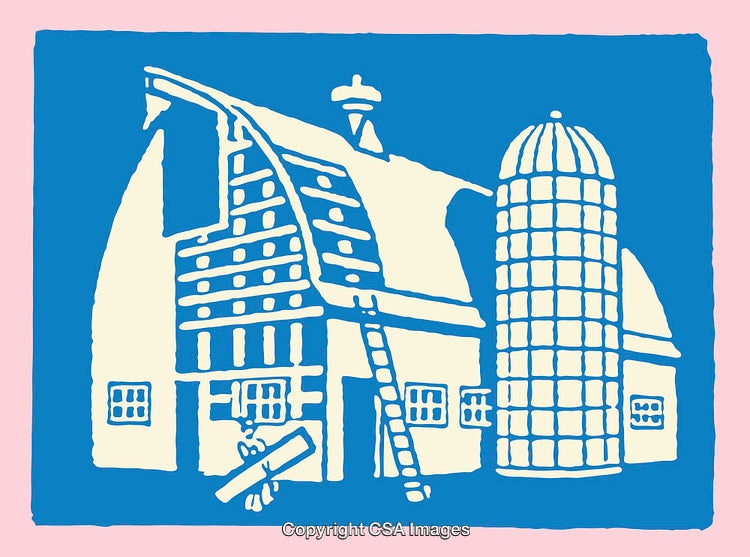 Rustic Barn and Silo in Vibrant Line Art Illustration