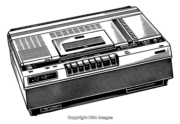 Retro Styled Engraving of a Vintage Audio Cassette Recorder with Detailed Features