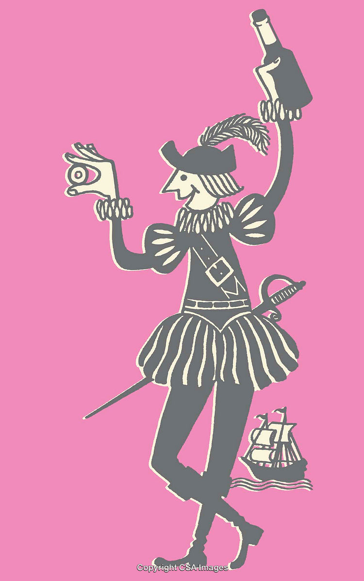Stylized Historical Figure in Vintage Line Art on Pink Background