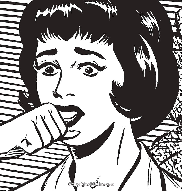 Retro Comic Style Illustration of a Woman in Shock and Fearful Expression