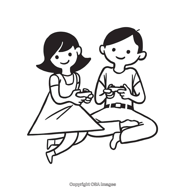 Black and White Line Art Illustration of Two Kids Playing Video Games