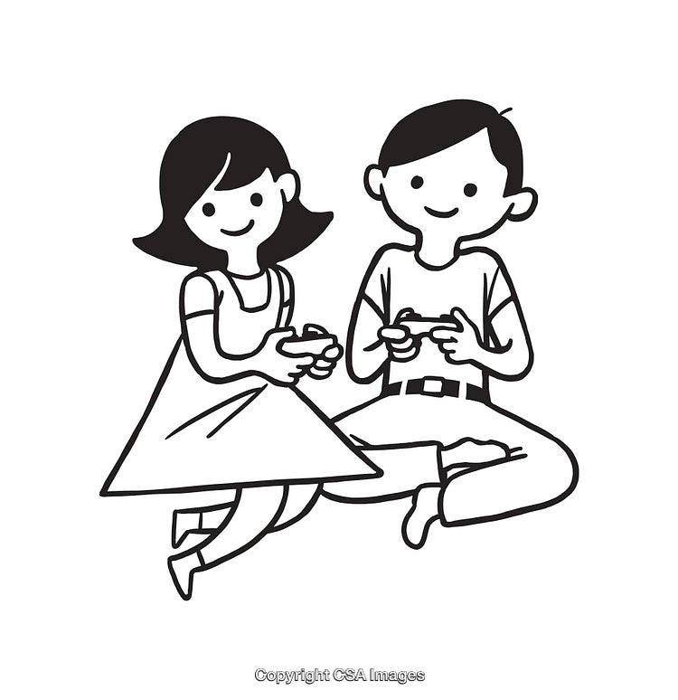 Black and White Line Art Illustration of Two Kids Playing Video Games