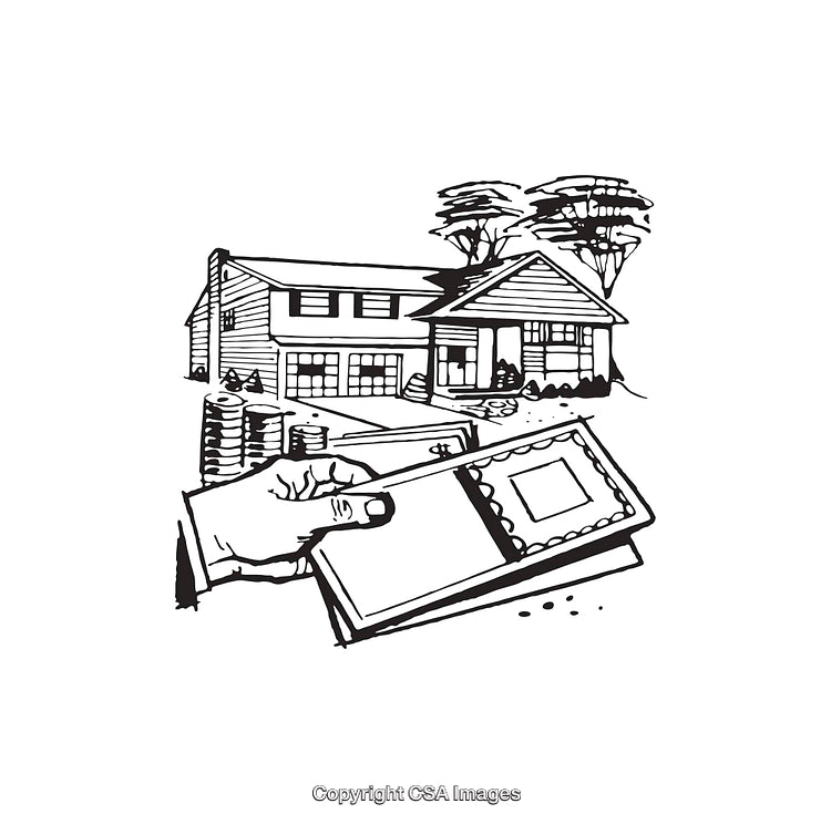 Black and White Illustration of a Home and a Hand Holding a Payment