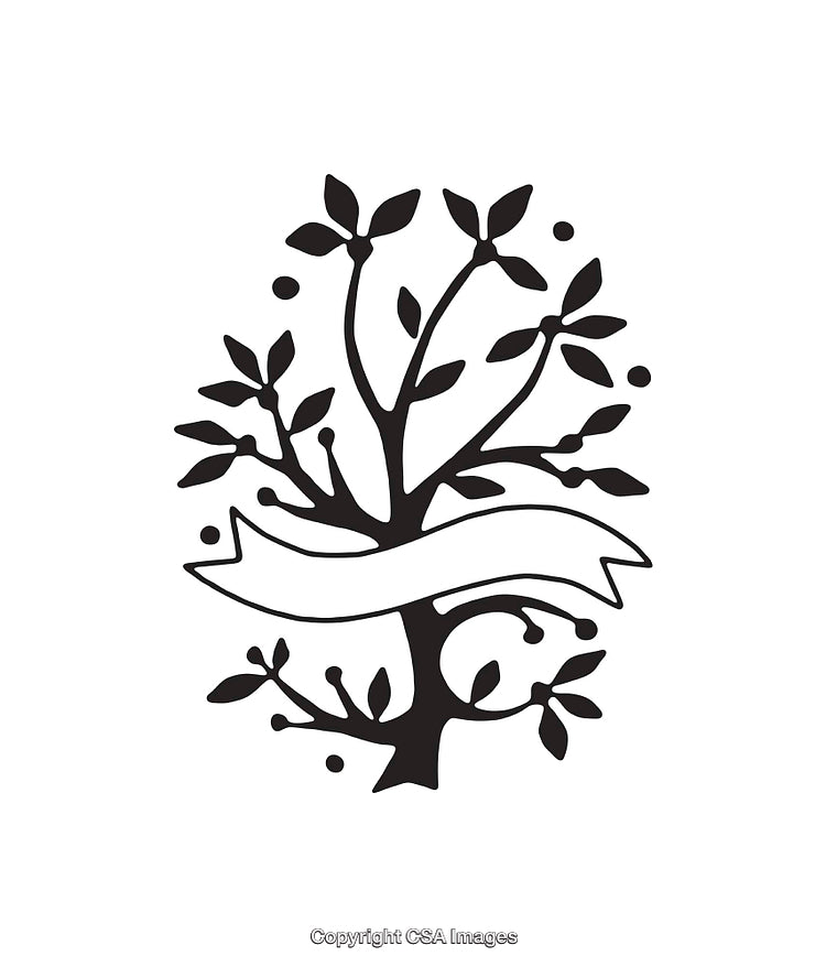 Black and White Tree Illustration with Decorative Banner Design