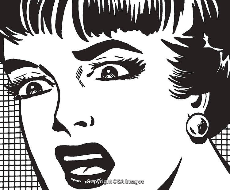 Black and White Retro Comic of a Woman Displaying Fear or Shock