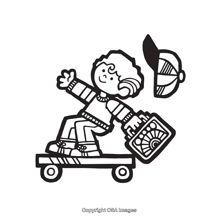Black and White Line Art of a Child Skateboarding with Playful Energy