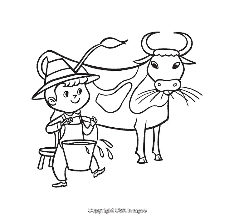 Child Milking a Cow in Black and White Line Art Style