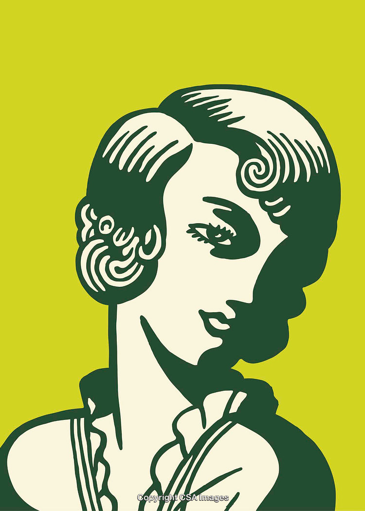Retro Style Artwork of Elegant Woman in Green and Yellow Tones