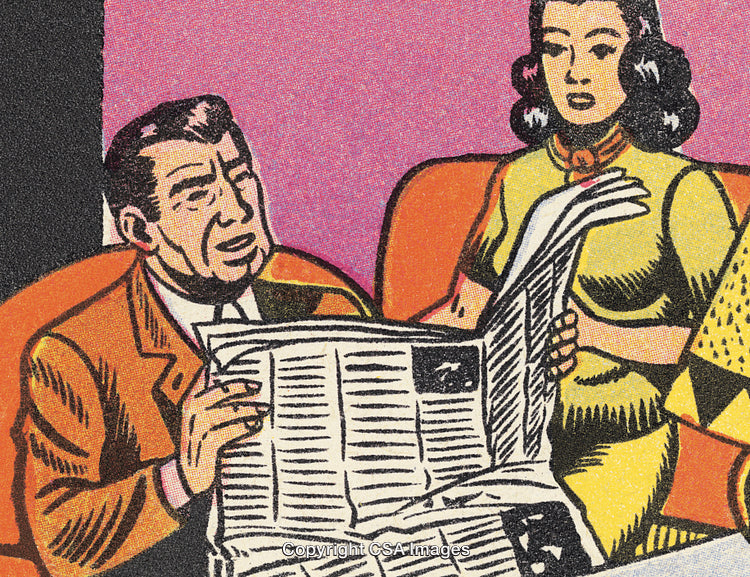 Retro Pop Art Scene Featuring Two People Reading the Newspaper