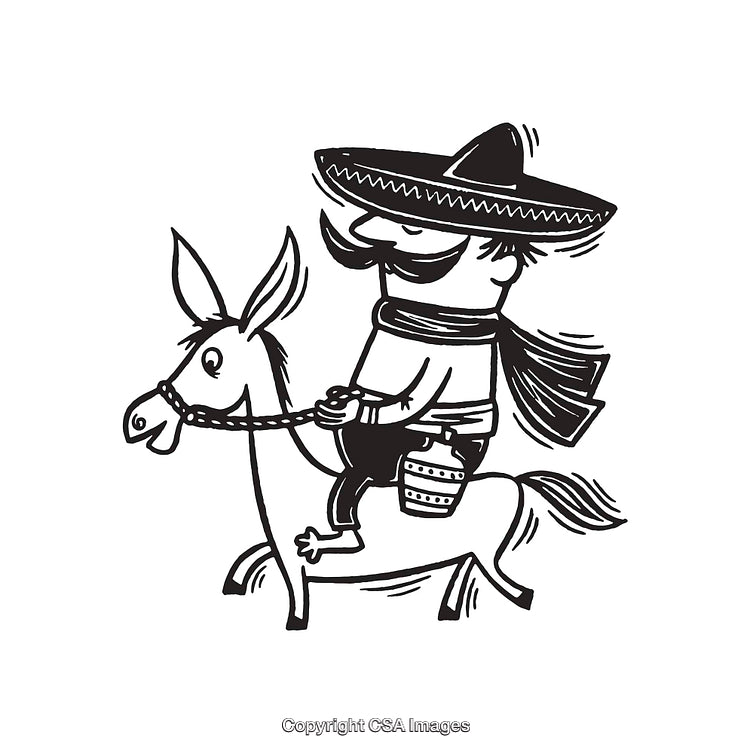 Black and White Line Art of a Man on a Donkey in Traditional Outfit