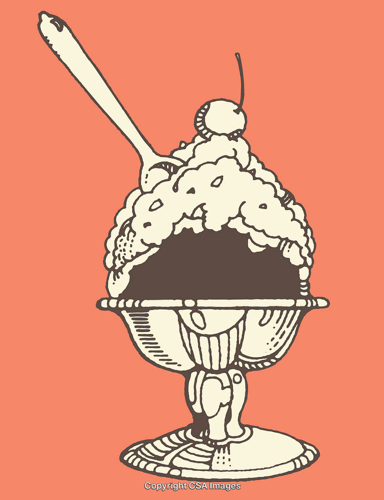 Illustrated Ice Cream Sundae in Vintage Line Art Style