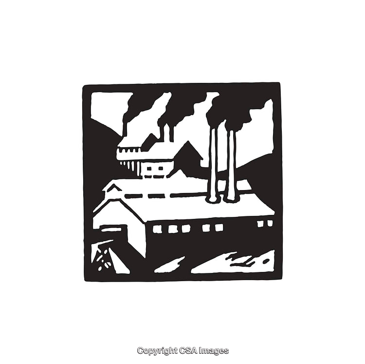 Black and White Line Art Illustration of Industrial Factory Scene with Chimneys