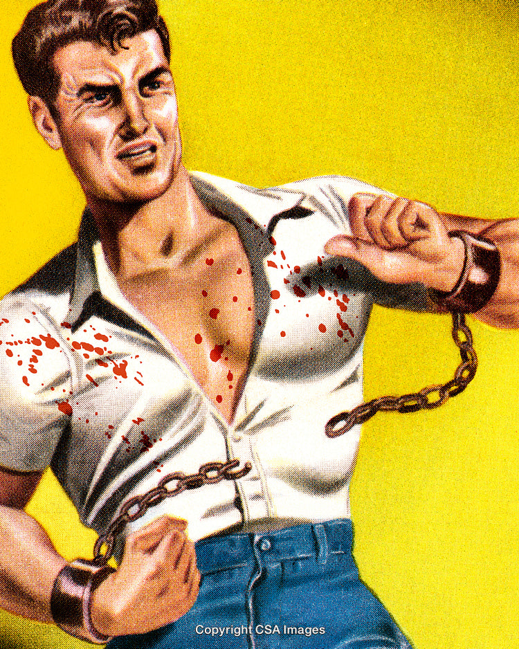 Retro Illustration of a Strong Man Breaking Chains in a Dynamic Pose
