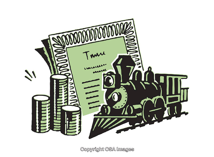 Vintage Train Illustration With Coins and Financial Certificate