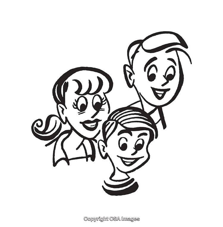 Retro Black and White Line Art of Happy Family Cartoon