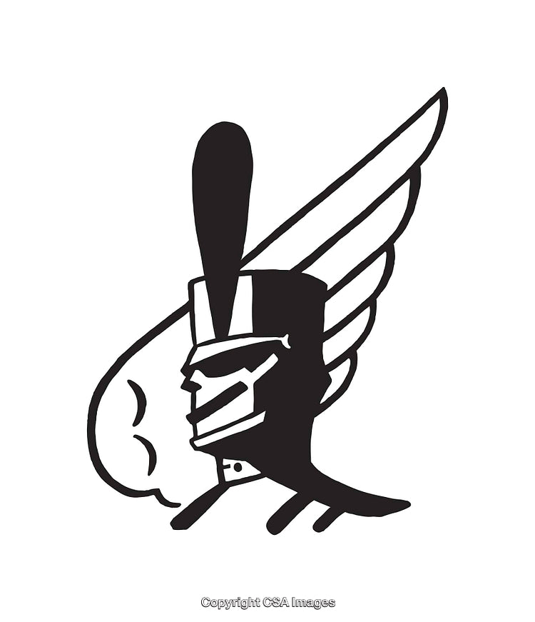 Black and White Line Art of a Stylized Helmet with Wings
