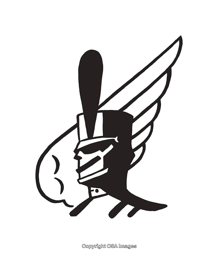 Black and White Line Art of a Stylized Helmet with Wings