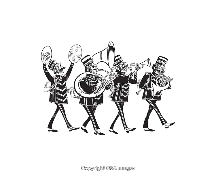 Black And White Line Art of a Marching Band Parade Performance