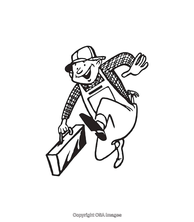 Energetic Worker Carrying Toolbox in Black and White Line Art
