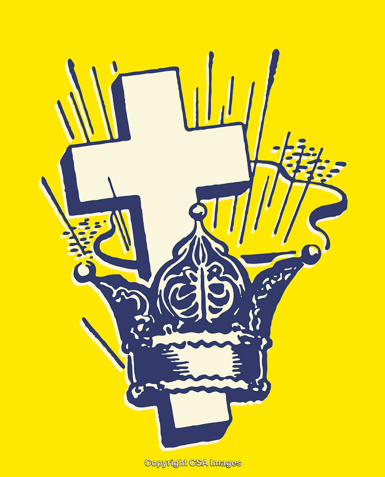 Illustration of Cross and Crown with Radiating Lines on Yellow Background