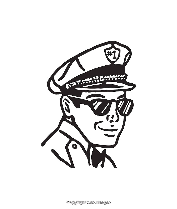 Black and White Illustration of a Smiling Police Officer Wearing Sunglasses