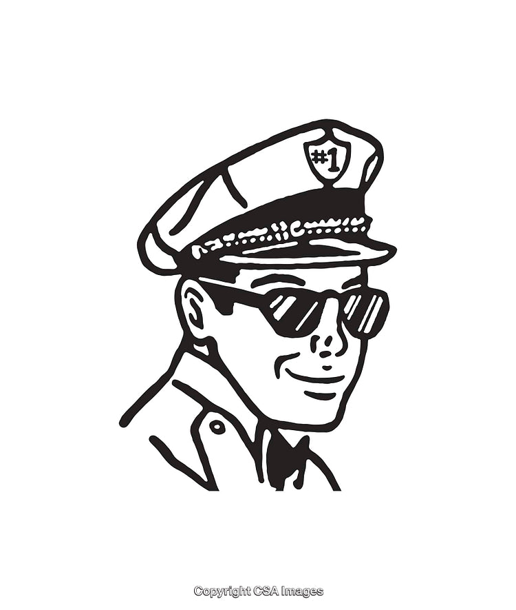 Black and White Illustration of a Smiling Police Officer Wearing Sunglasses