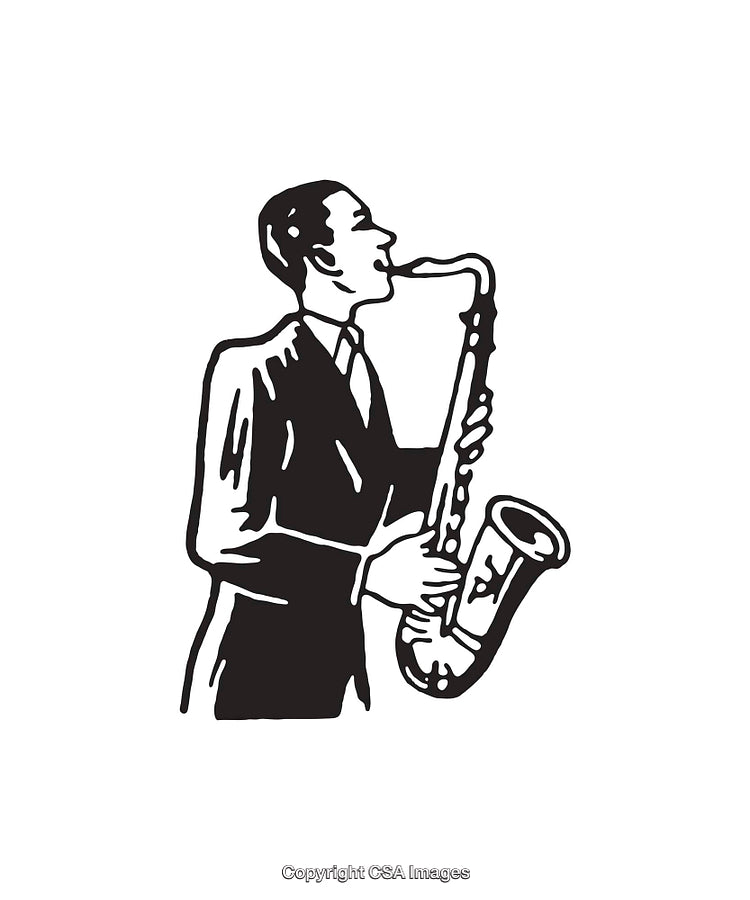 Black and White Line Art of a Musician Playing a Saxophone