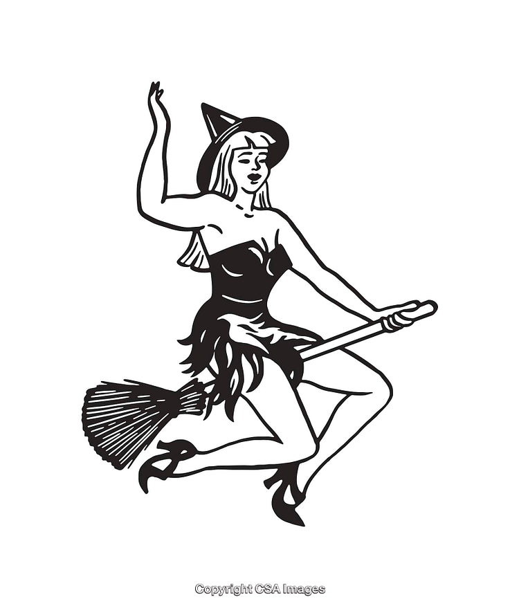 Black and White Illustration of a Witch Riding a Broomstick