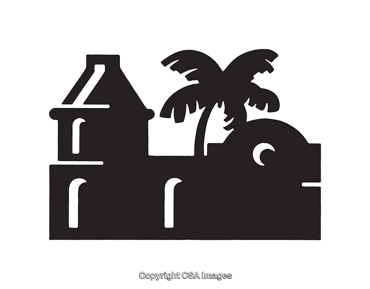 Silhouette of Architectural Building with Palm Tree in Black and White