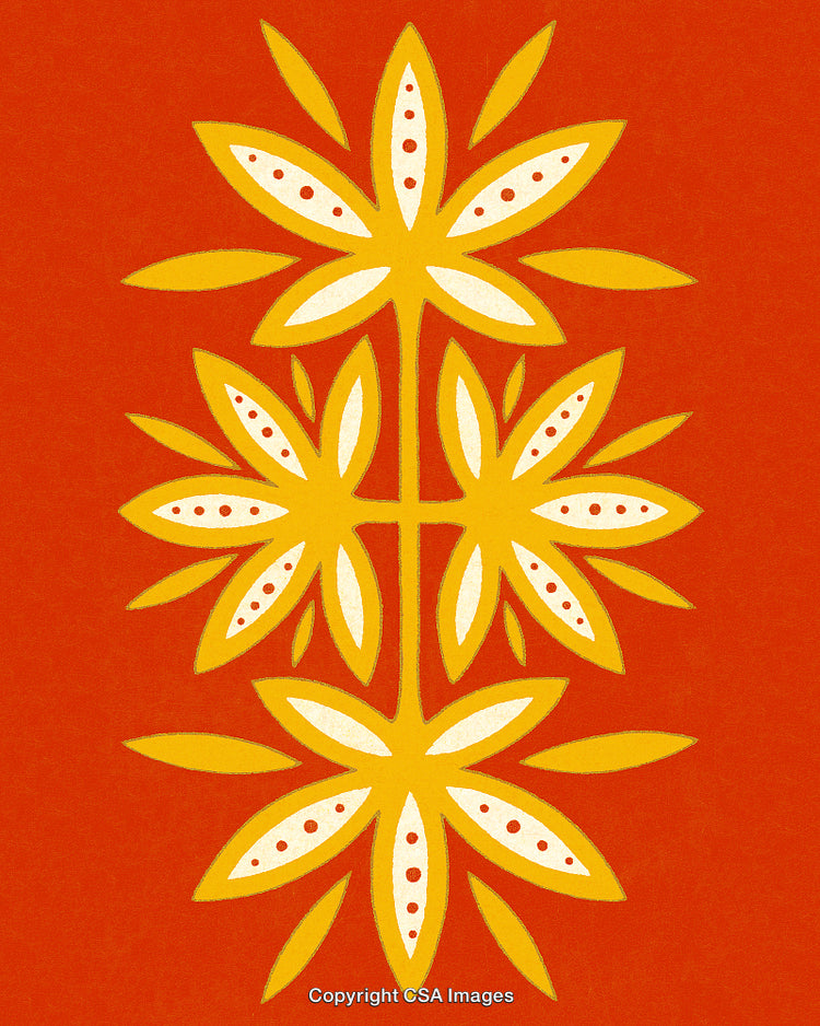 Abstract Floral Arrangement with Yellow Petals on a Red Background