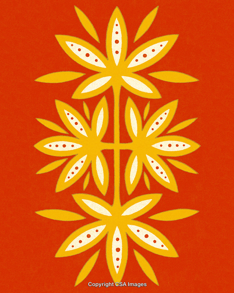Abstract Floral Arrangement with Yellow Petals on a Red Background
