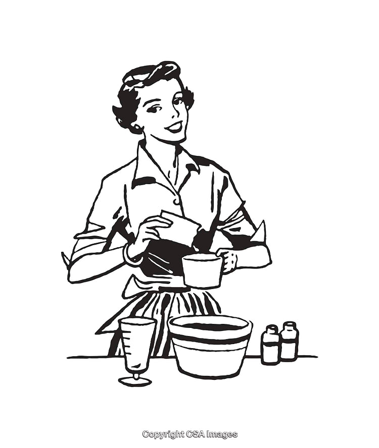 Vintage Line Art Illustration of a Smiling Woman Cooking in a Kitchen