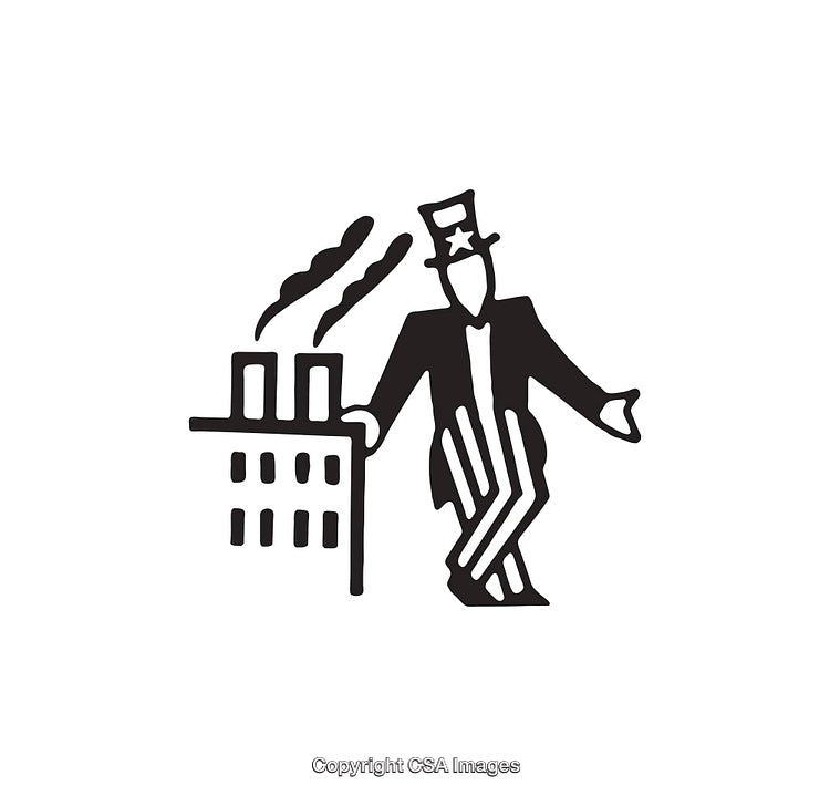 Black and White Line Art of Symbolic Figure with Factory