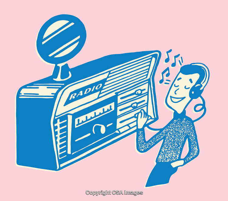 Retro Blue Line Art Illustration of Man Enjoying Music on a Vintage Radio