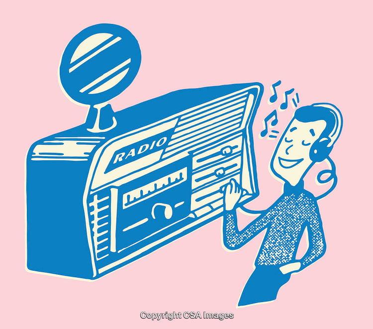Retro Blue Line Art Illustration of Man Enjoying Music on a Vintage Radio