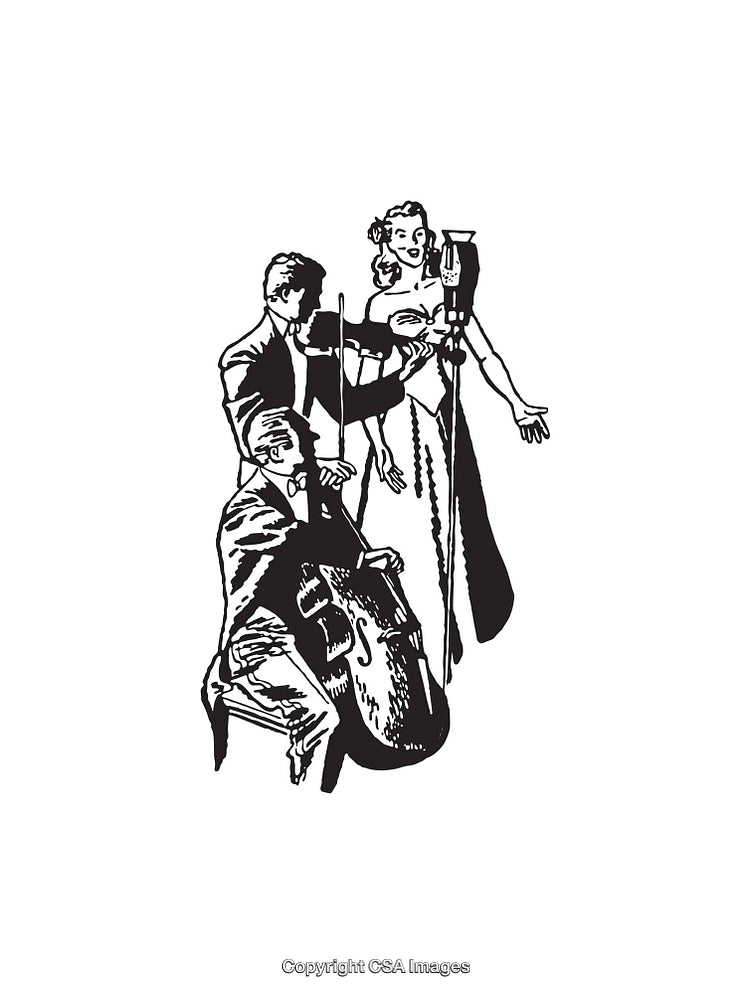 Vintage Black and White Line Art of a Musical Performance Scene